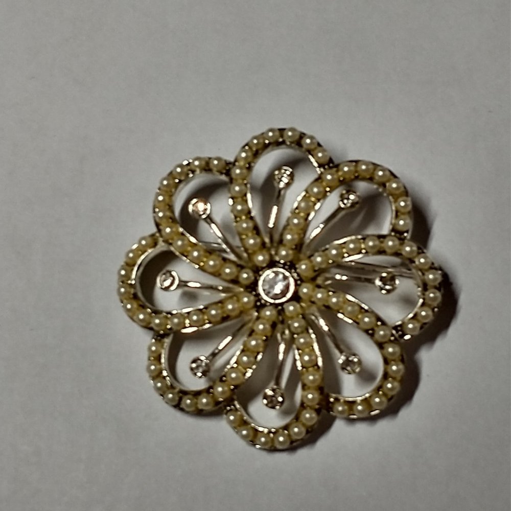 Monet silver, pearl, and rhinestone flower brooch